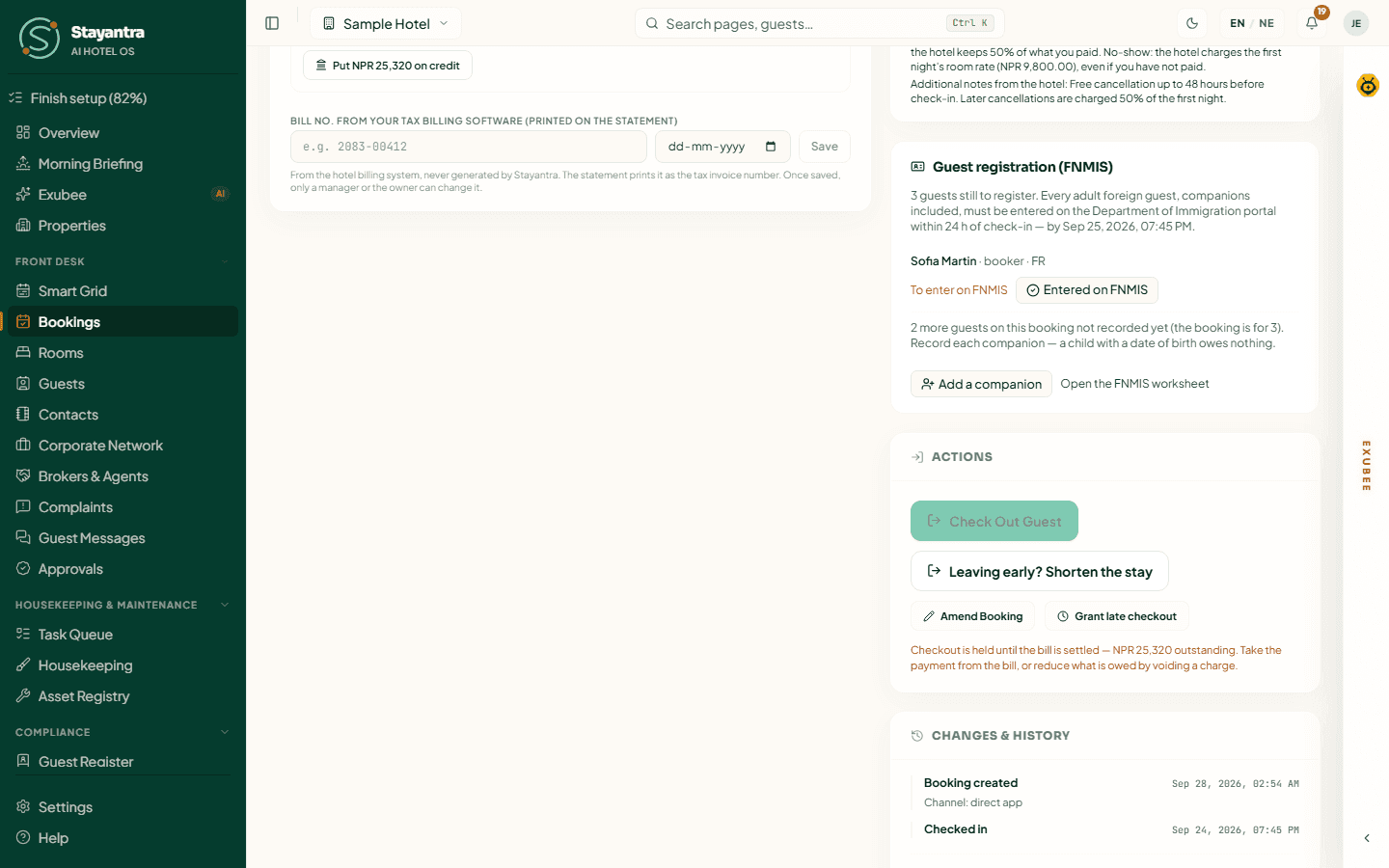 A checked-in booking's Actions: Check Out Guest, Amend Booking and Grant late checkout