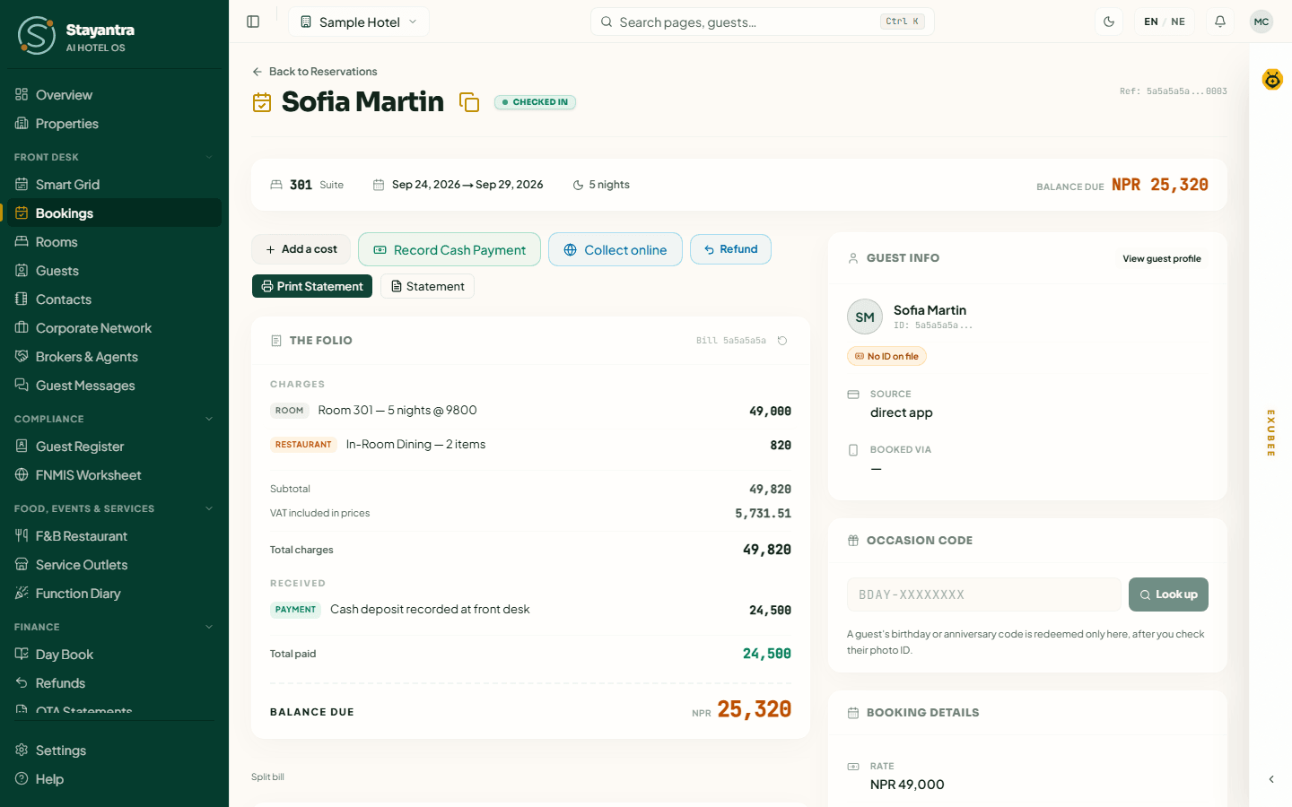 A checked-in booking: the bill on the left, guest and actions on the right
