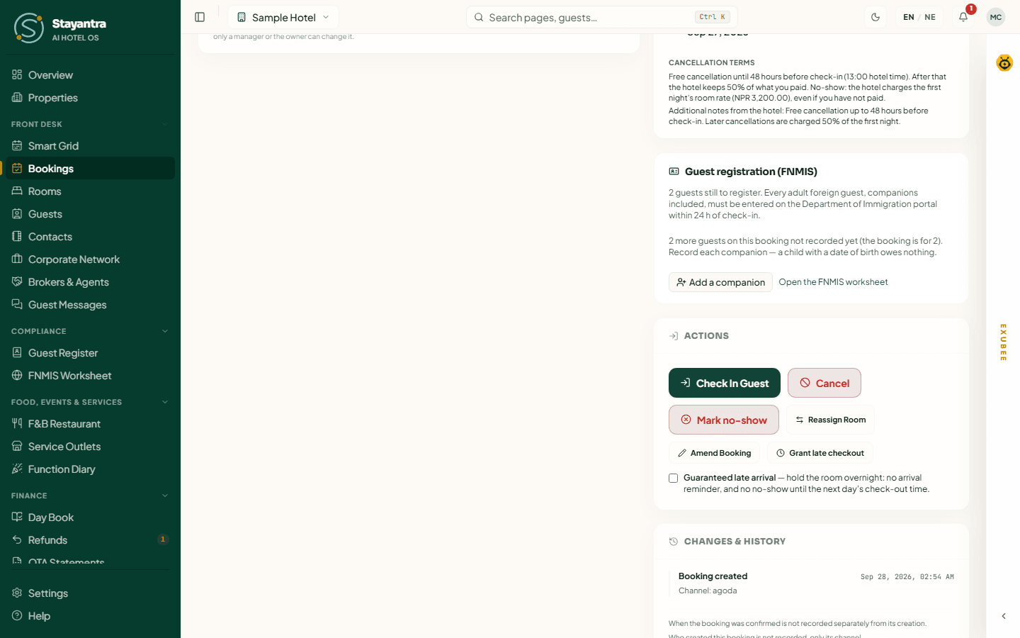 A confirmed booking with Check In Guest and the other arrival actions