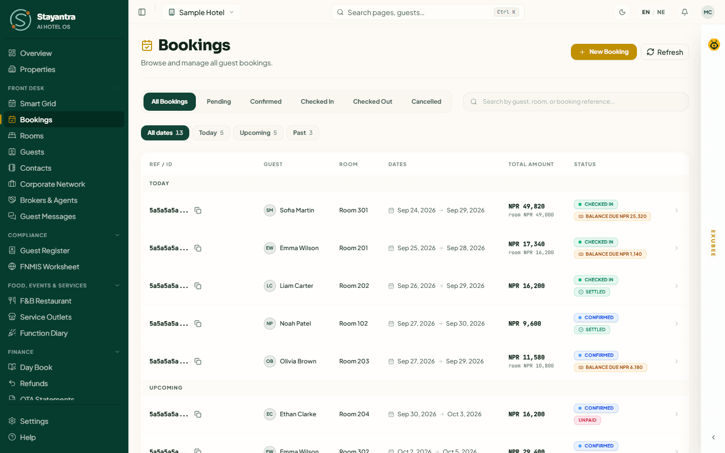 The Bookings list with status tabs, date filters and payment chips