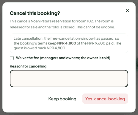 The Cancel this booking? dialog with the cancellation terms and the refund owed