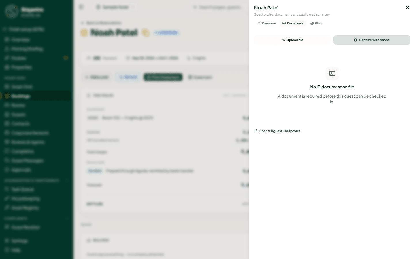 The guest's Documents tab with Upload file and Capture with phone, showing "No ID document on file"