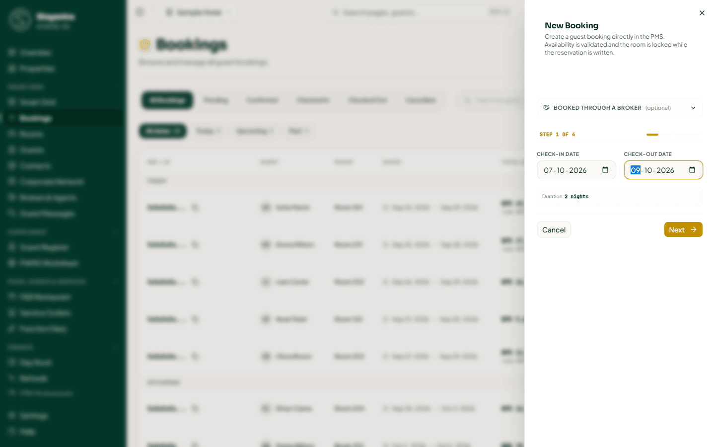 Step 1 of the New Booking form: check-in and check-out dates