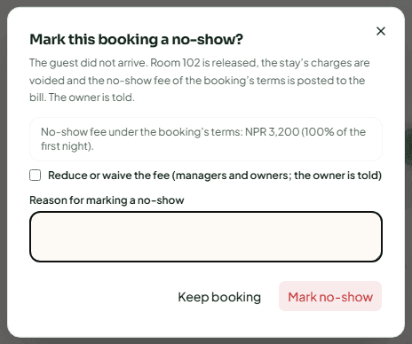 The Mark this booking a no-show? dialog with the no-show fee