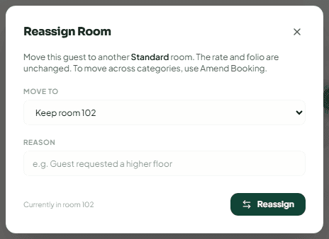 The Reassign Room dialog