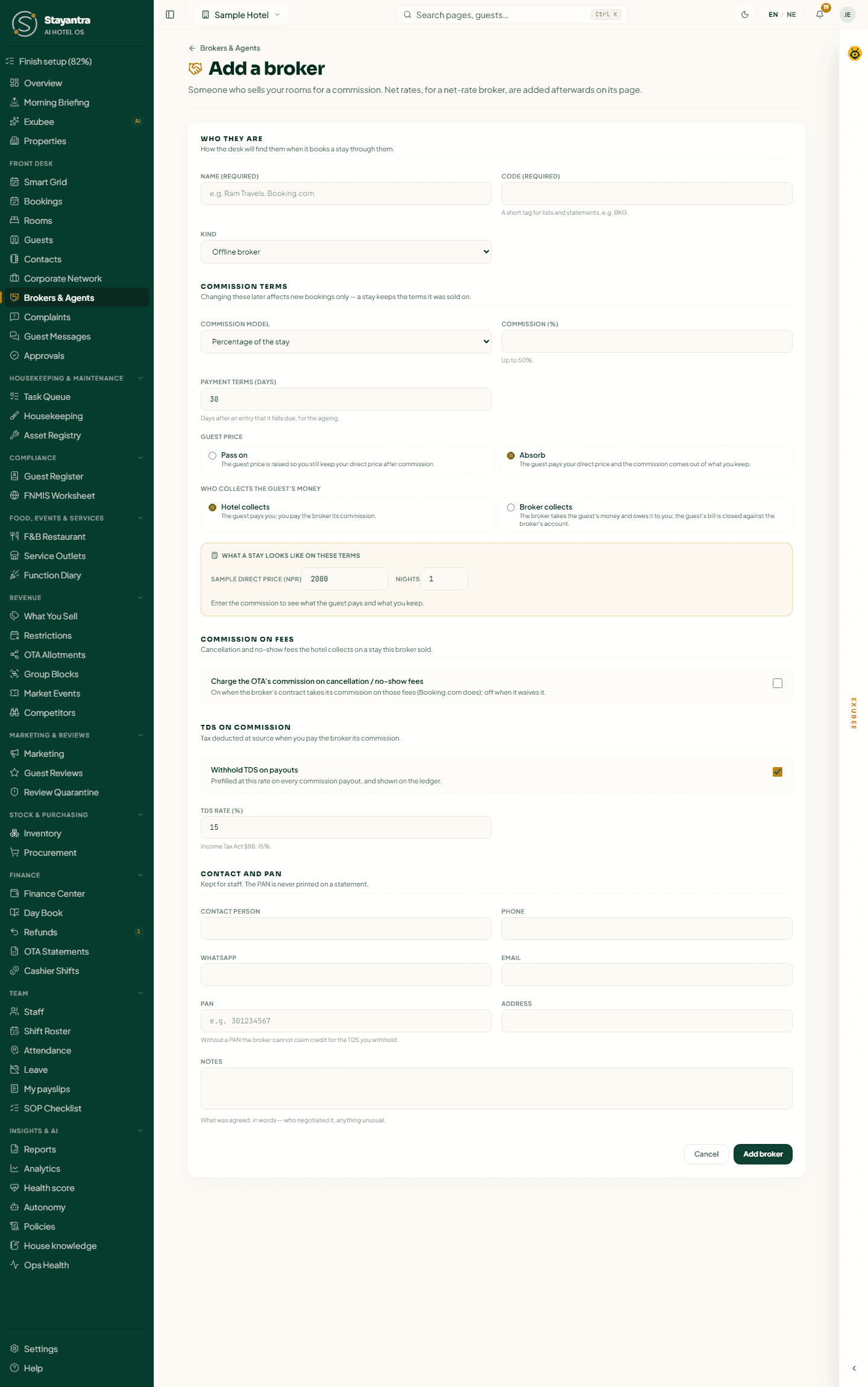 The Add a broker form: who they are, commission terms, guest price and who collects