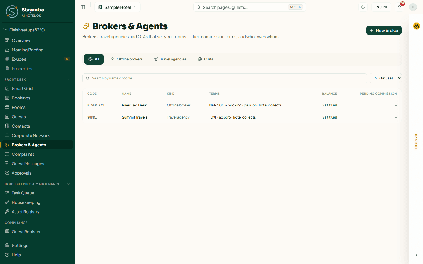 The Brokers & Agents list with each broker's terms and balance