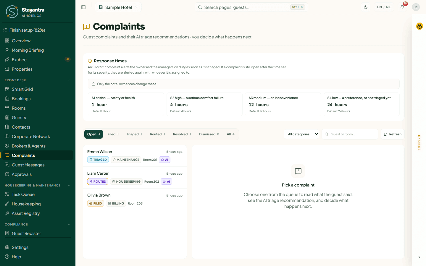 The Complaints queue with severities, the response-times card and a complaint open