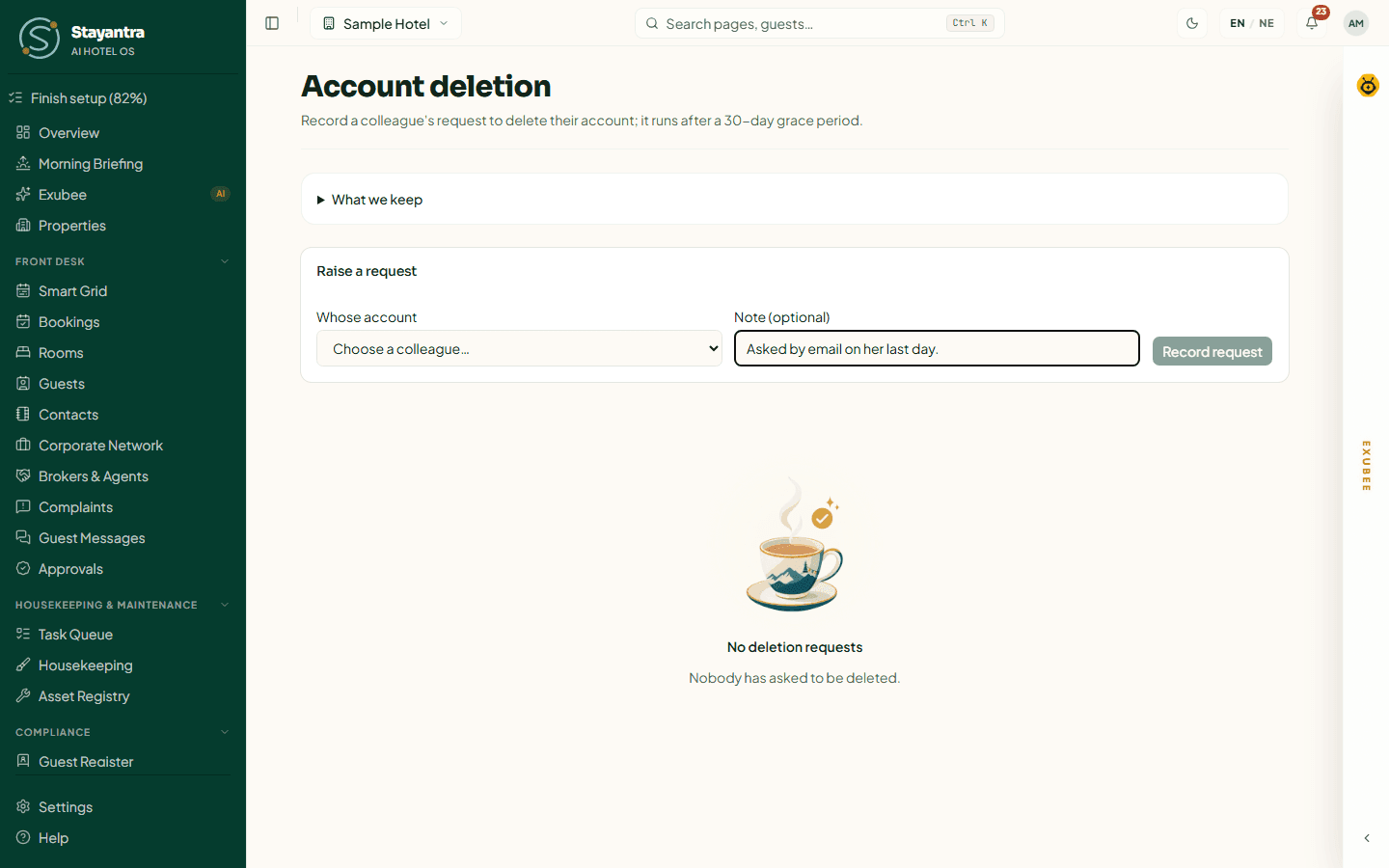 The Account deletion page with the Raise a request form and no requests yet