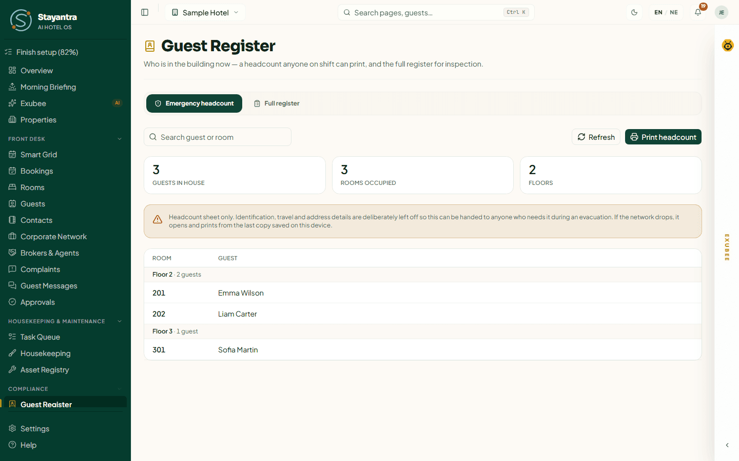 The Emergency headcount tab with guests grouped by floor and the Print headcount button
