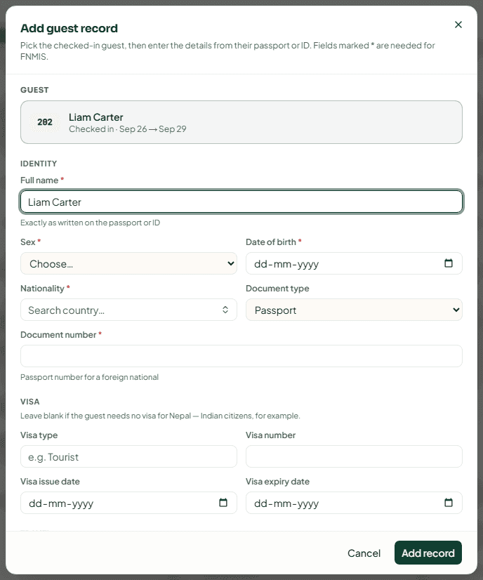 The Add guest record dialog with passport and visa fields