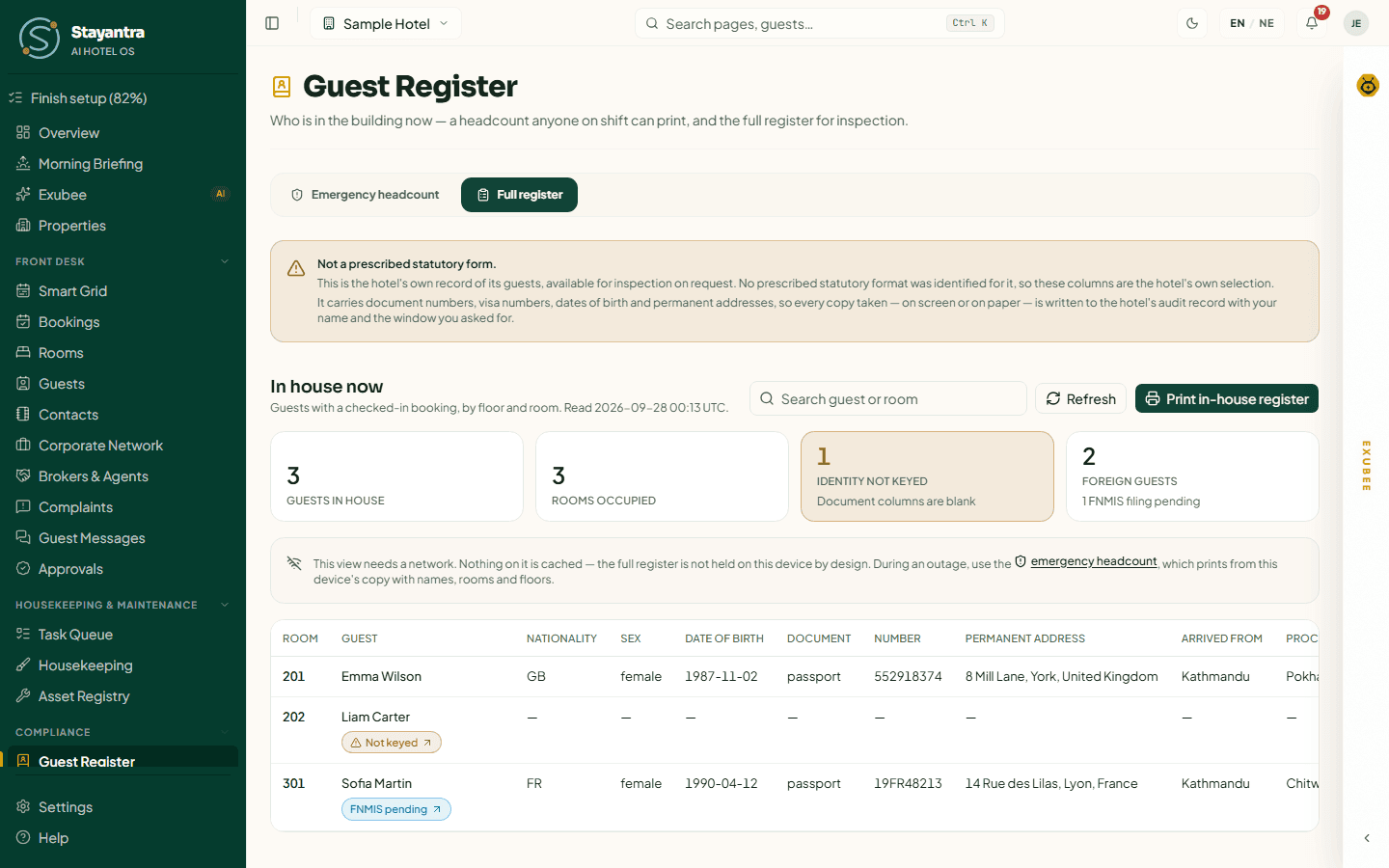 The Full register tab with in-house guests and their identity and travel details