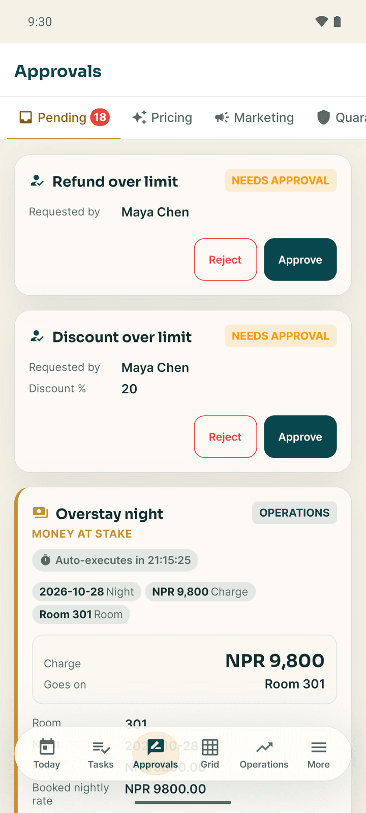 The Approvals tab with a refund over limit and a discount over limit, each with Reject and Approve