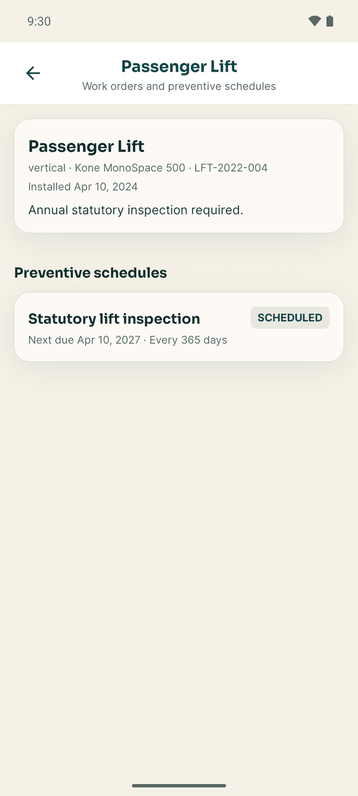 An asset's page with its details, preventive schedules and work orders
