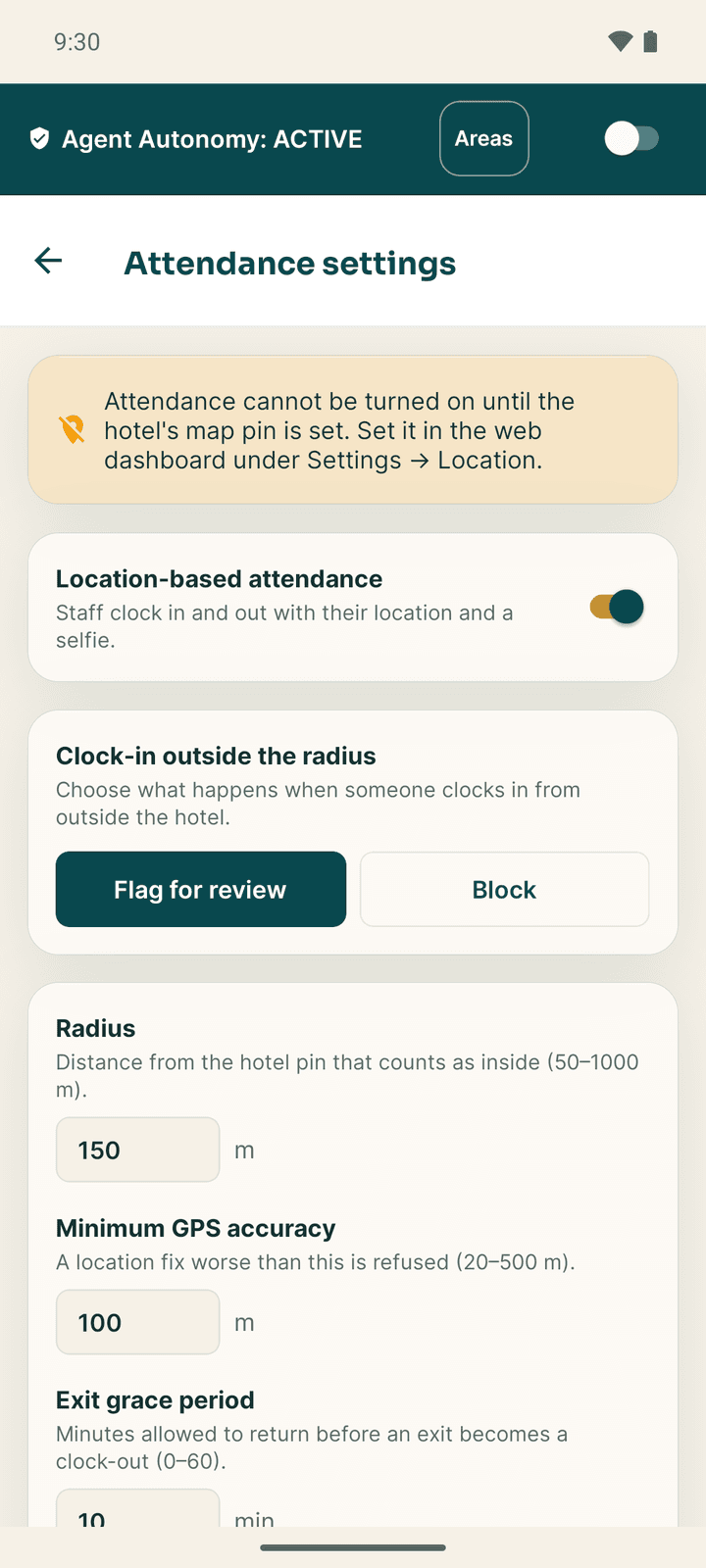 Attendance settings: location-based attendance, the radius, accuracy, grace period and selfie retention