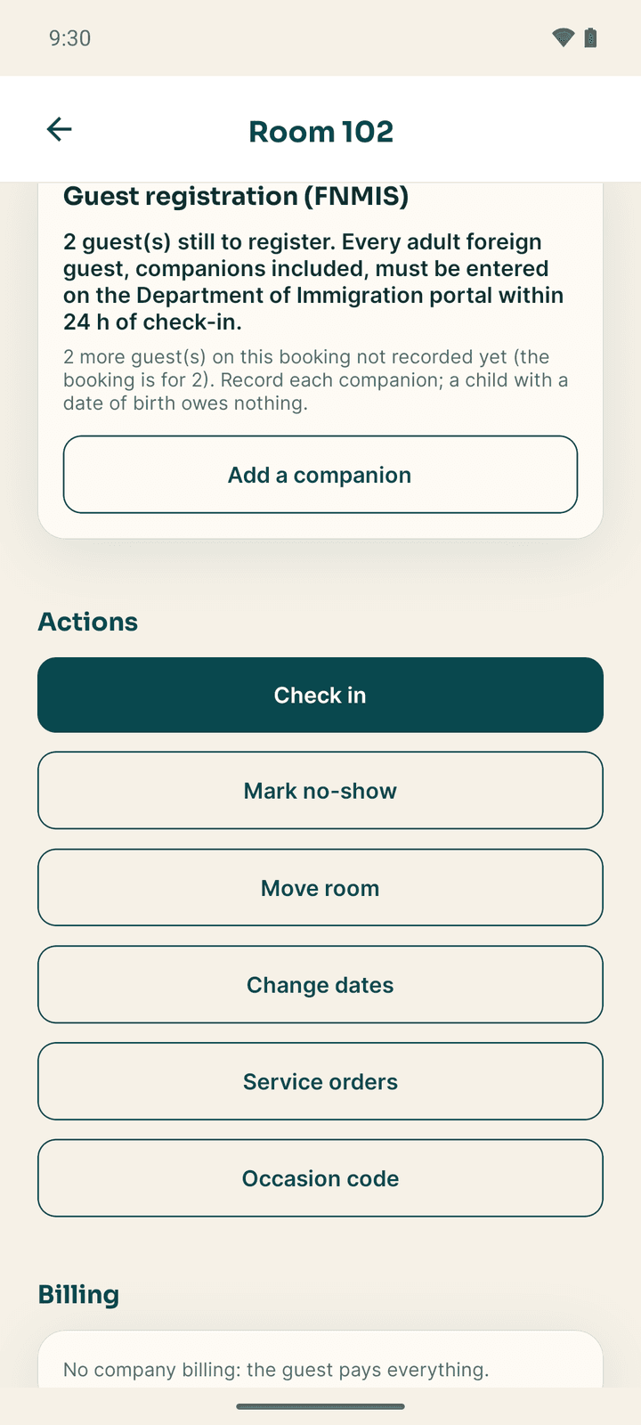 The Actions section: Check in, Mark no-show, Move room, Change dates, Service orders and Occasion code