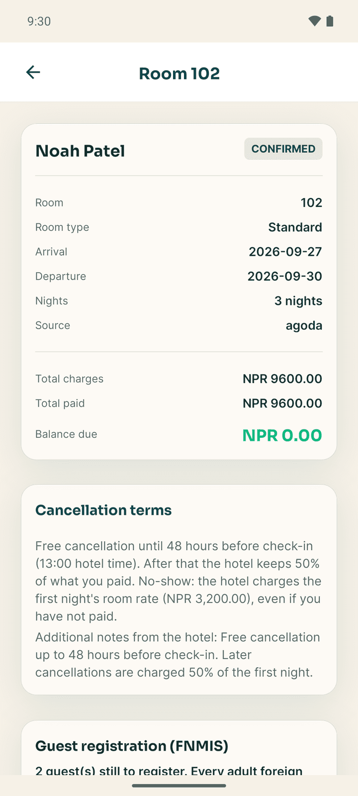 A booking in Connect: guest, room, arrival and departure, nights, source, charges, paid and balance due