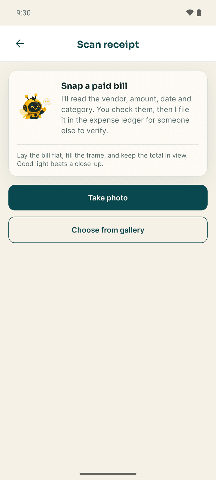 Capture expense: Snap a paid bill, with Take photo and Choose from gallery