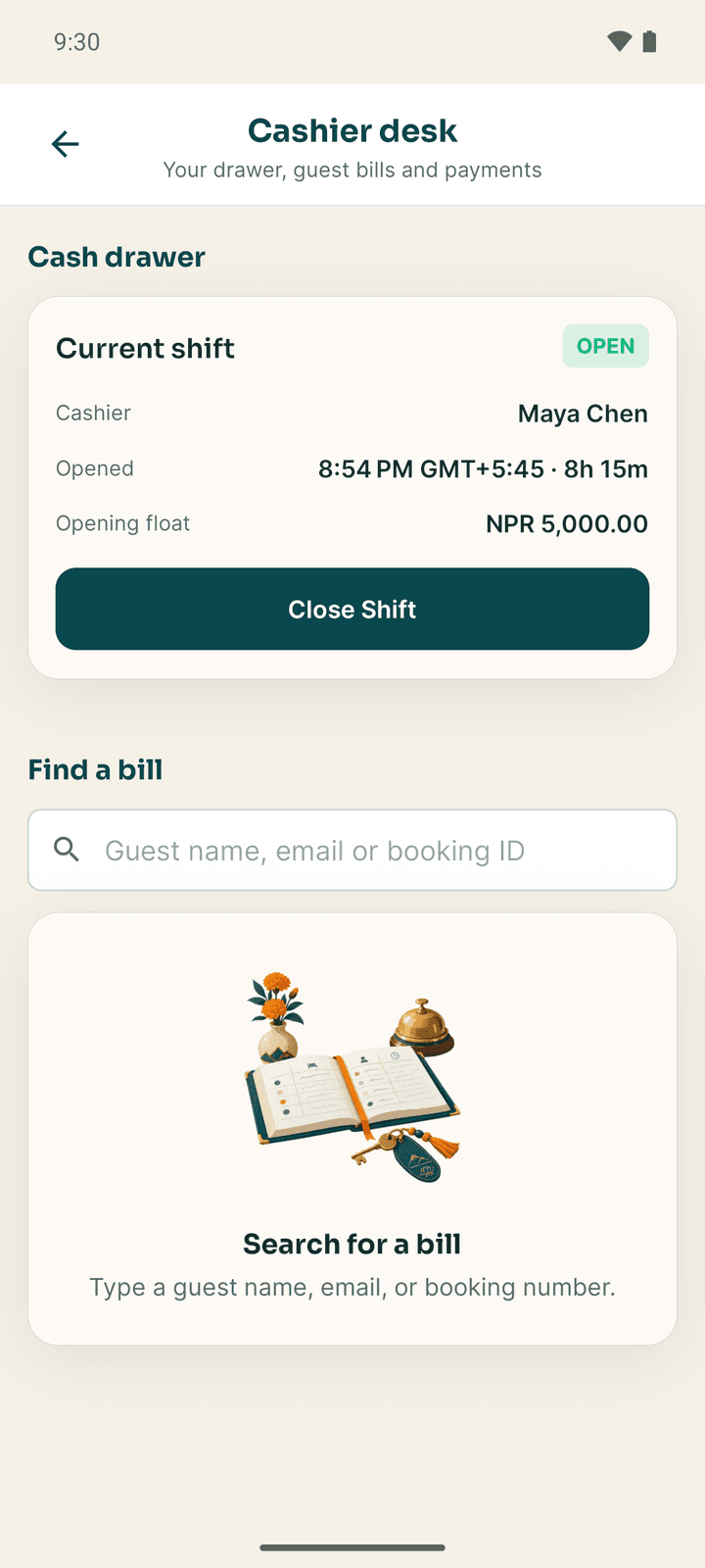 The Cashier desk: the current shift with Close Shift, and Find a bill