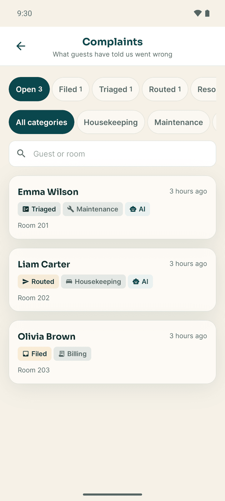 Complaints with status tabs, category filters and three guest complaints
