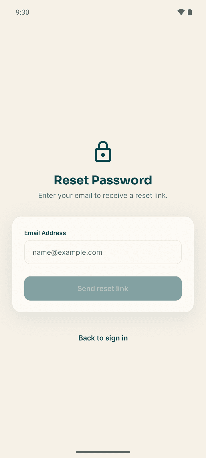 The Reset Password screen with one email field and the Send reset link button