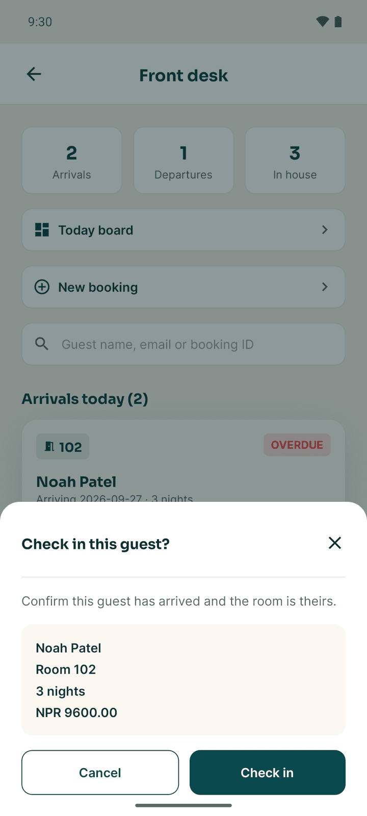 The Check in this guest? sheet with the guest's name, room 102, 3 nights and NPR 9,600
