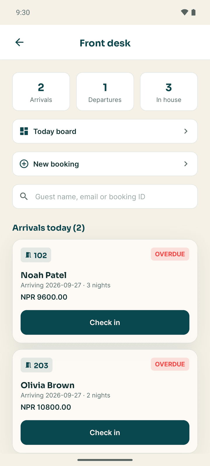The Front desk screen: counts, Today board, New booking, the guest search and two overdue arrivals with Check in buttons