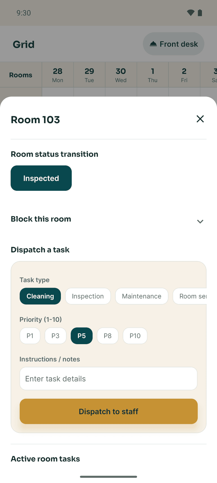 The room sheet for a manager: status buttons, Block this room, Dispatch a task and active tasks