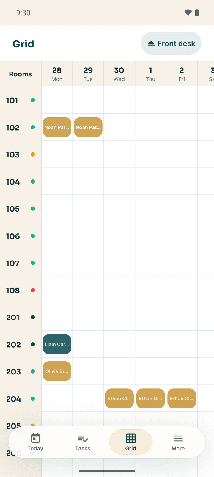 The Grid tab: rooms 101 to 205 down the side, 14 days across, and booking bars with guest names