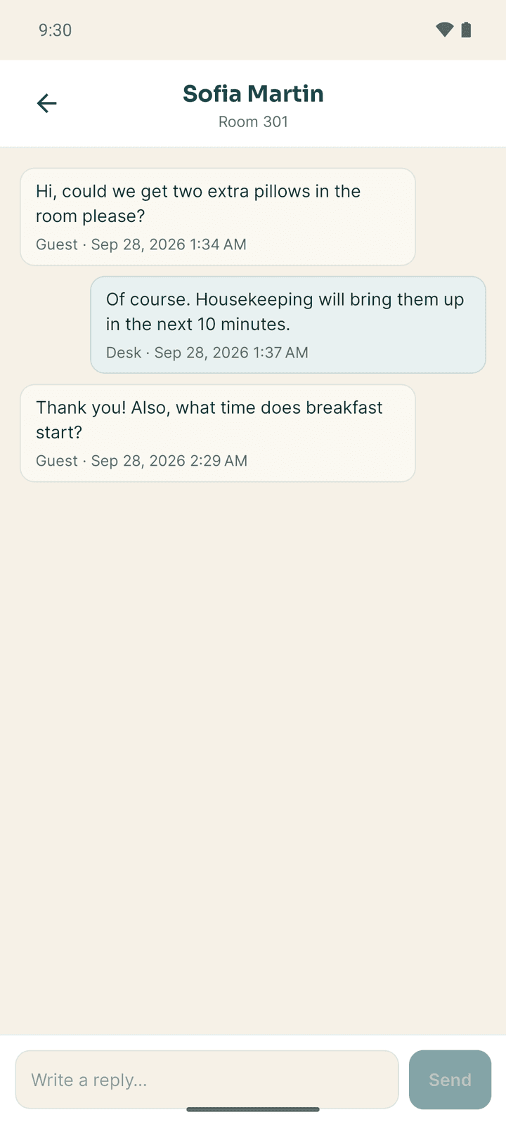 A conversation with a guest in room 301, with the reply box