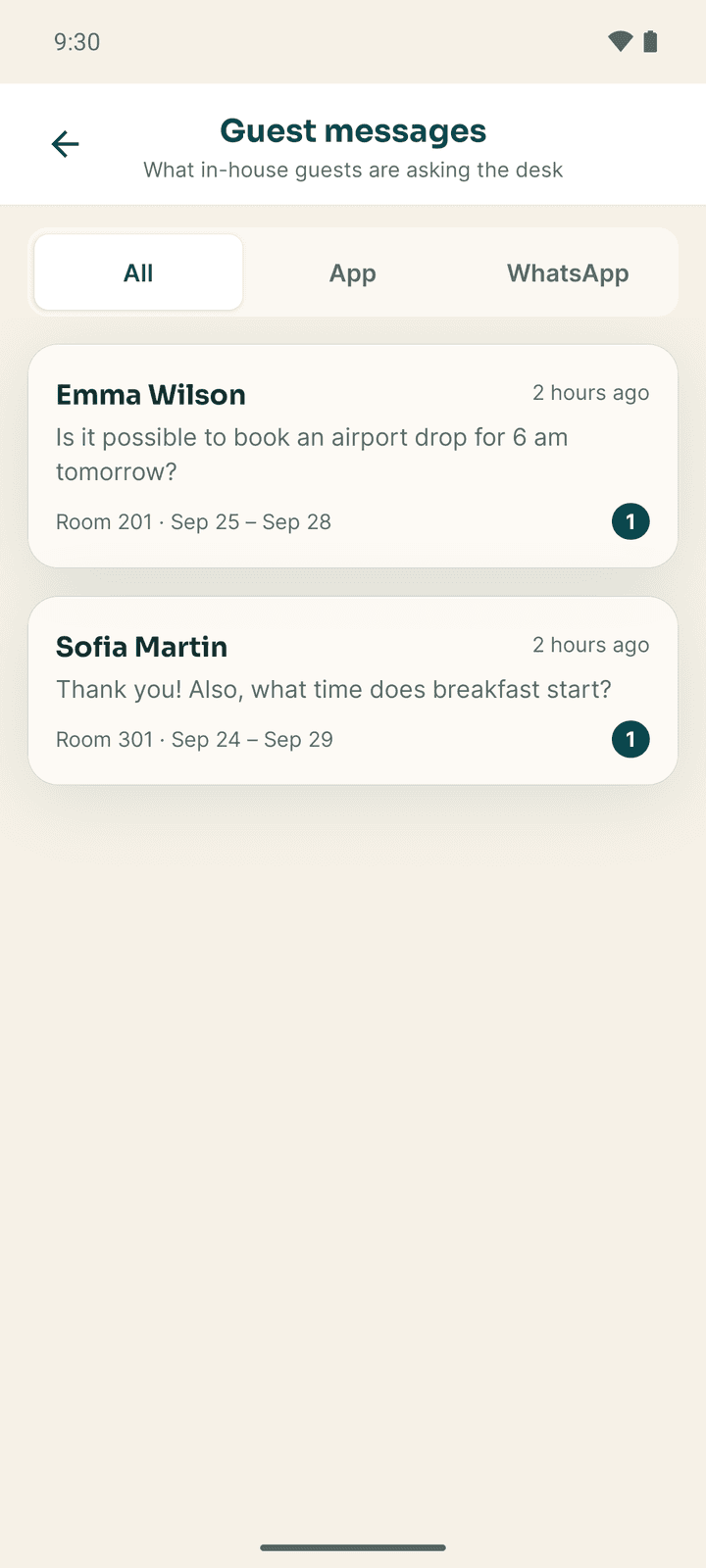 Guest messages: two in-house guests with their latest message and unread counts
