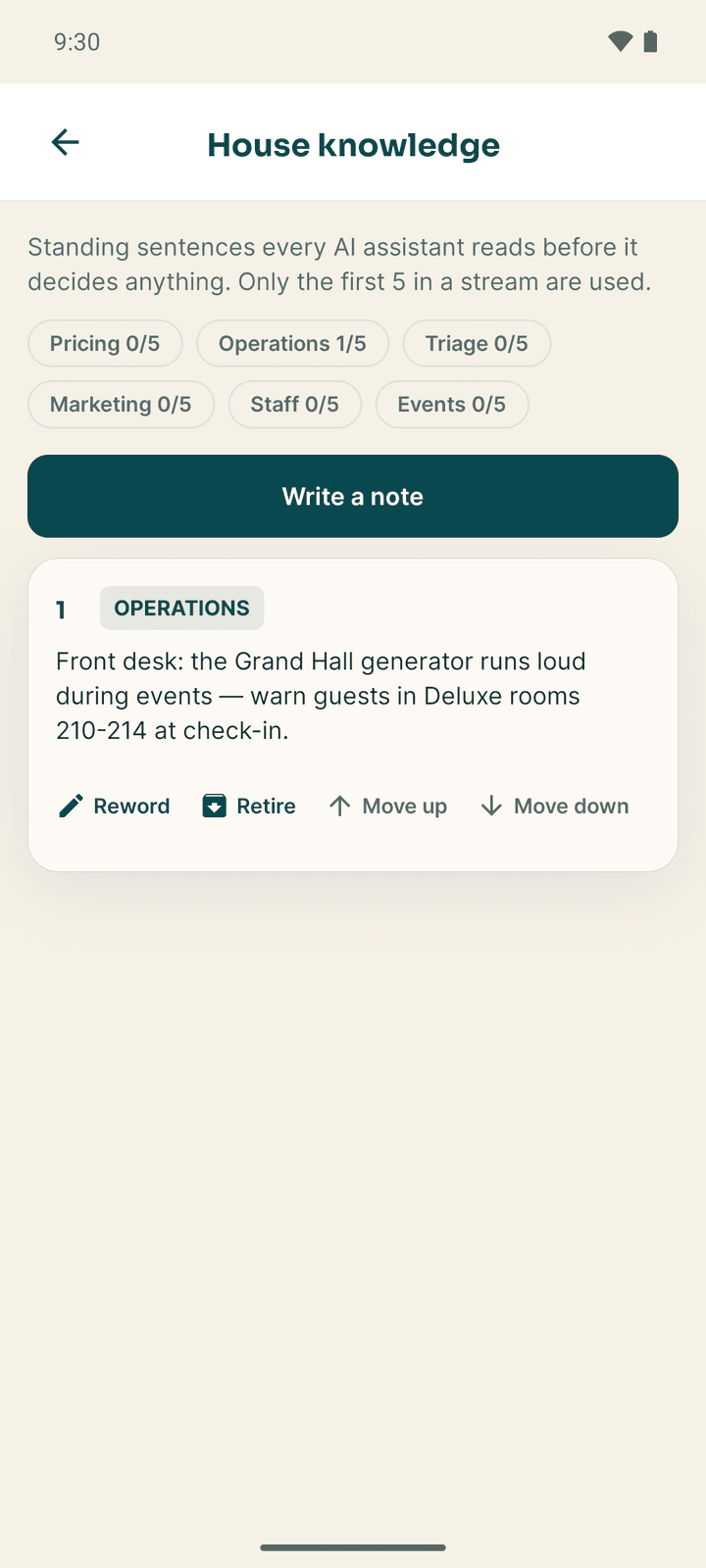 House knowledge with one note for Operations and the Write a note button