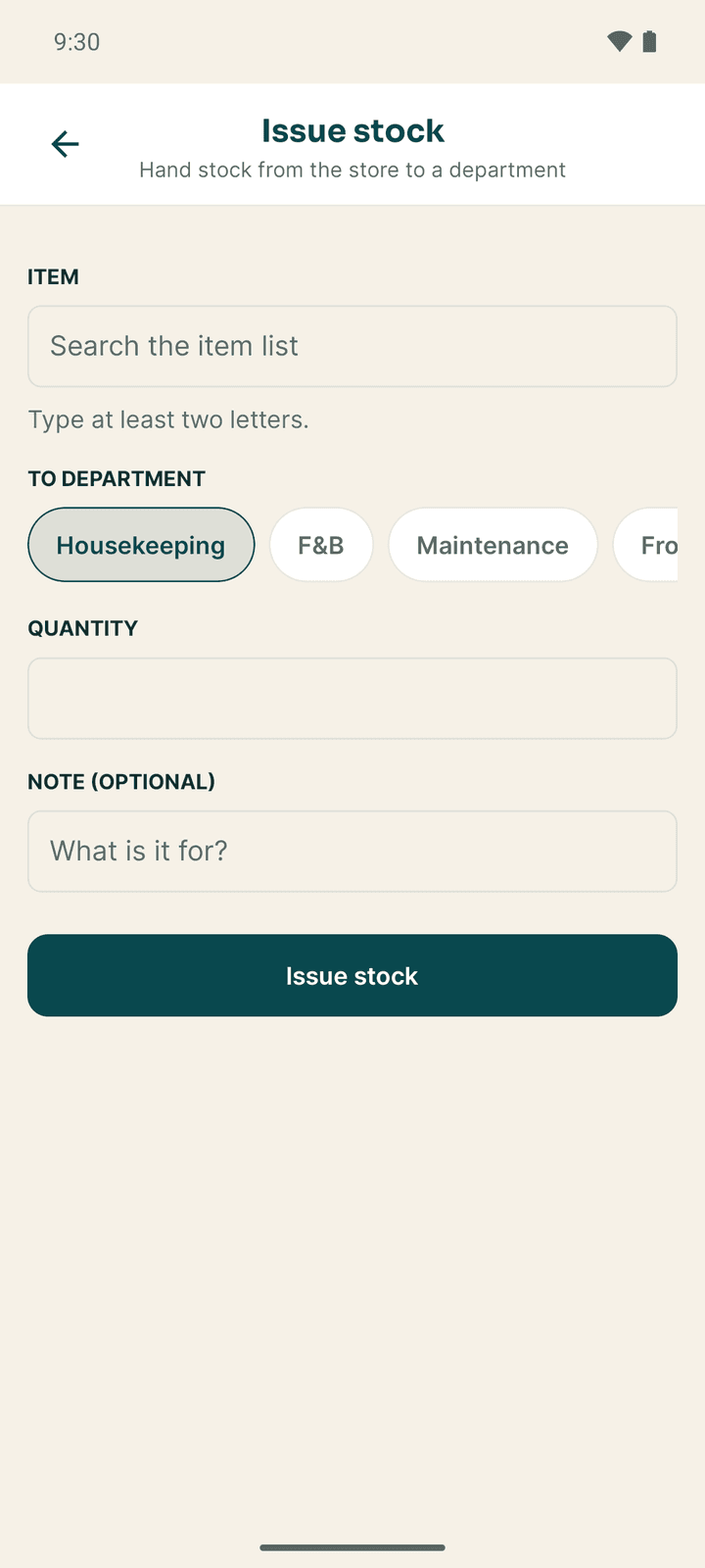 The Issue stock form with the item search, department and quantity