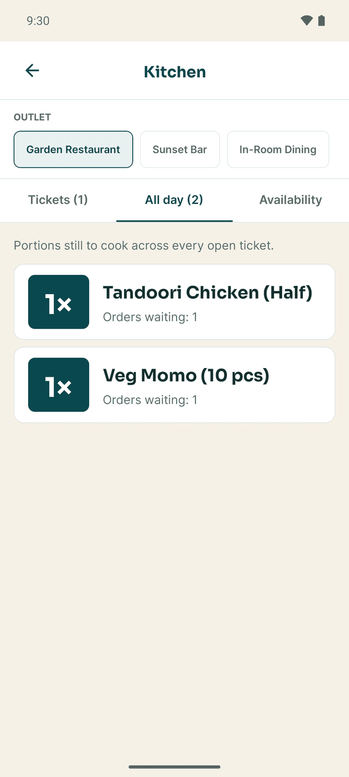 The All day tab with the portions still to cook