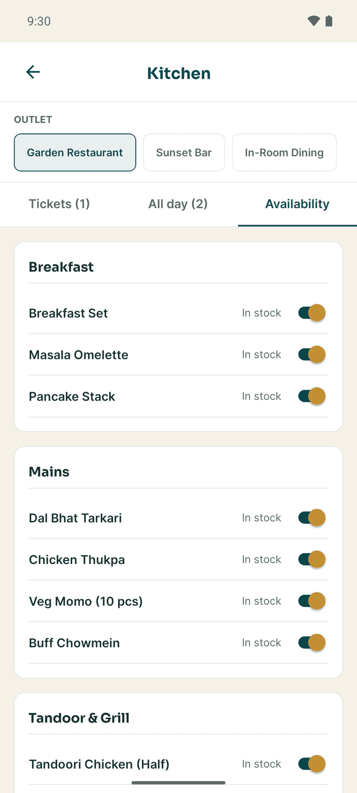 The Availability tab with a switch for each menu item