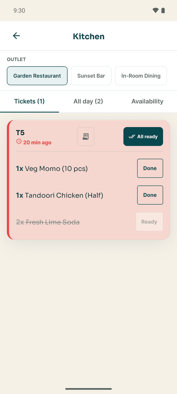 The kitchen board on the Tickets tab, with an order ticket and its items