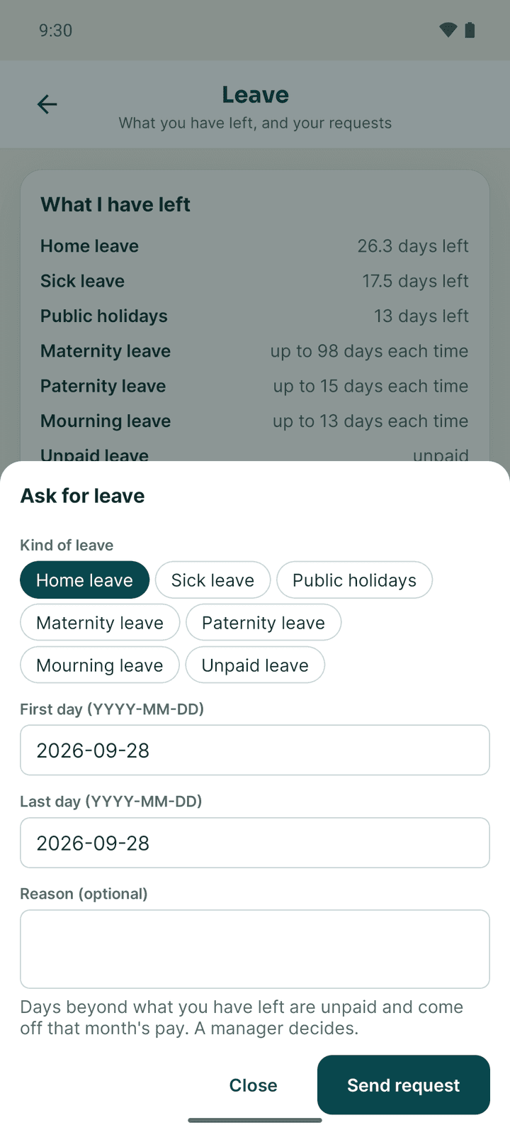 The Ask for leave sheet with the kind of leave, first and last day and reason
