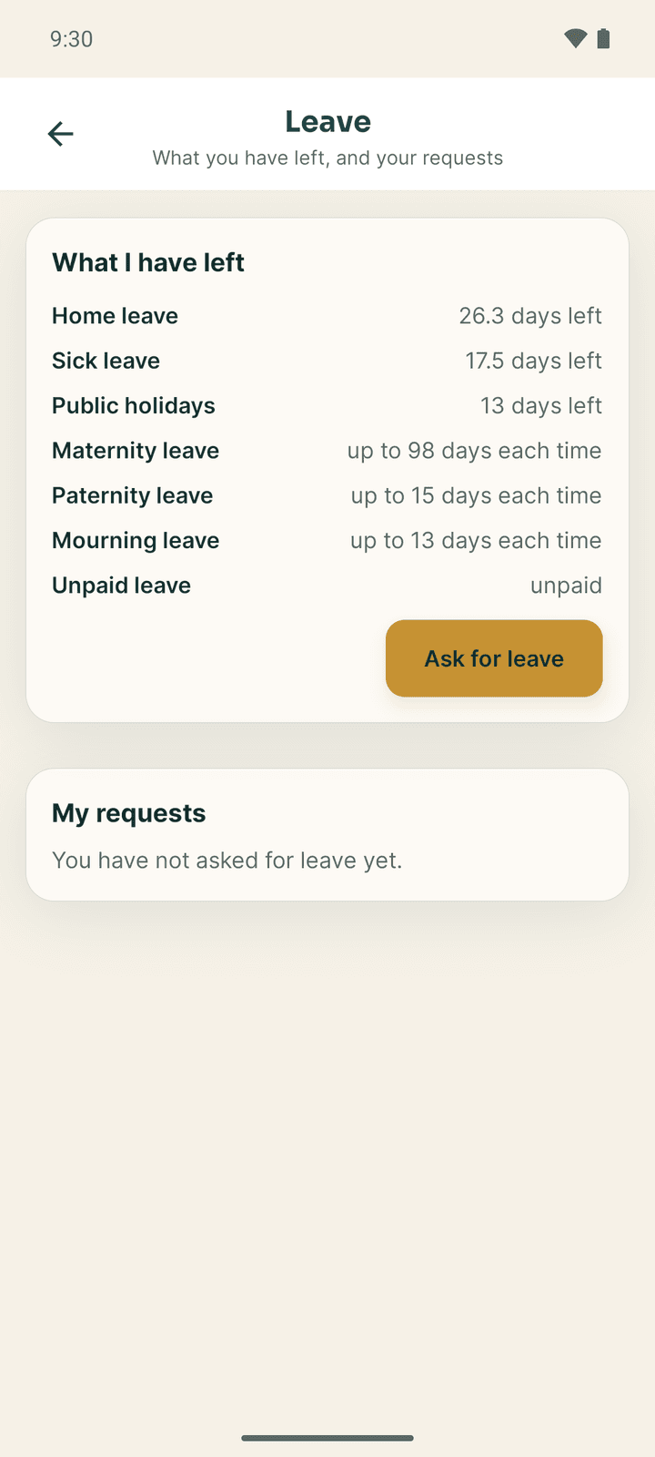 Leave: what I have left for each leave type, and my requests