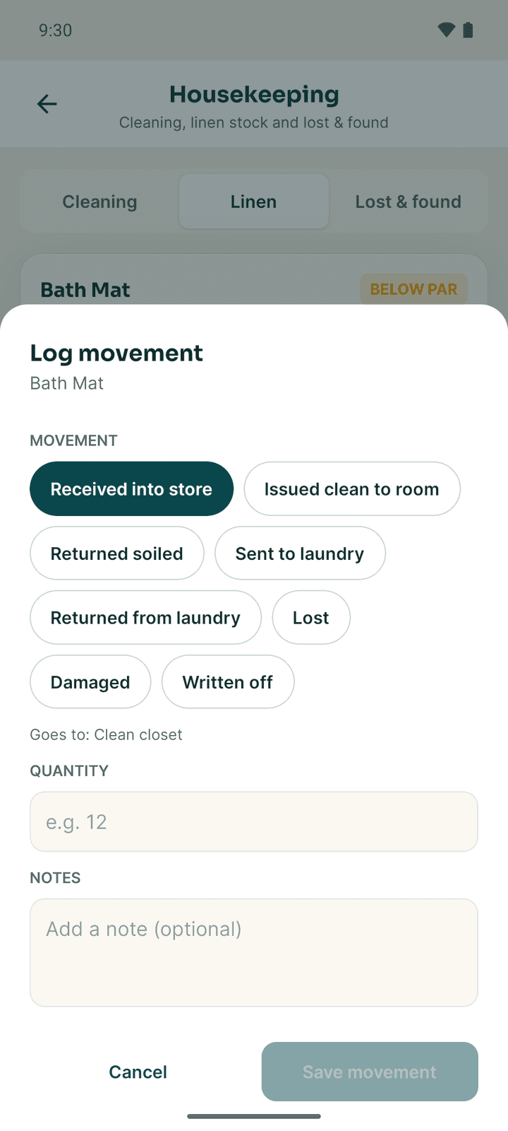 The Log movement form with the movement types, destination and quantity