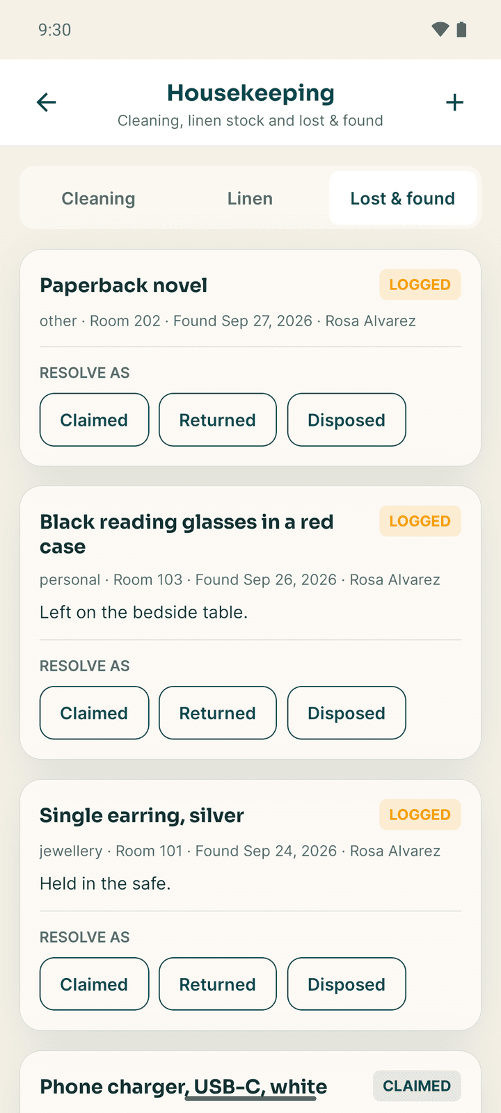 The Lost & found tab with logged items