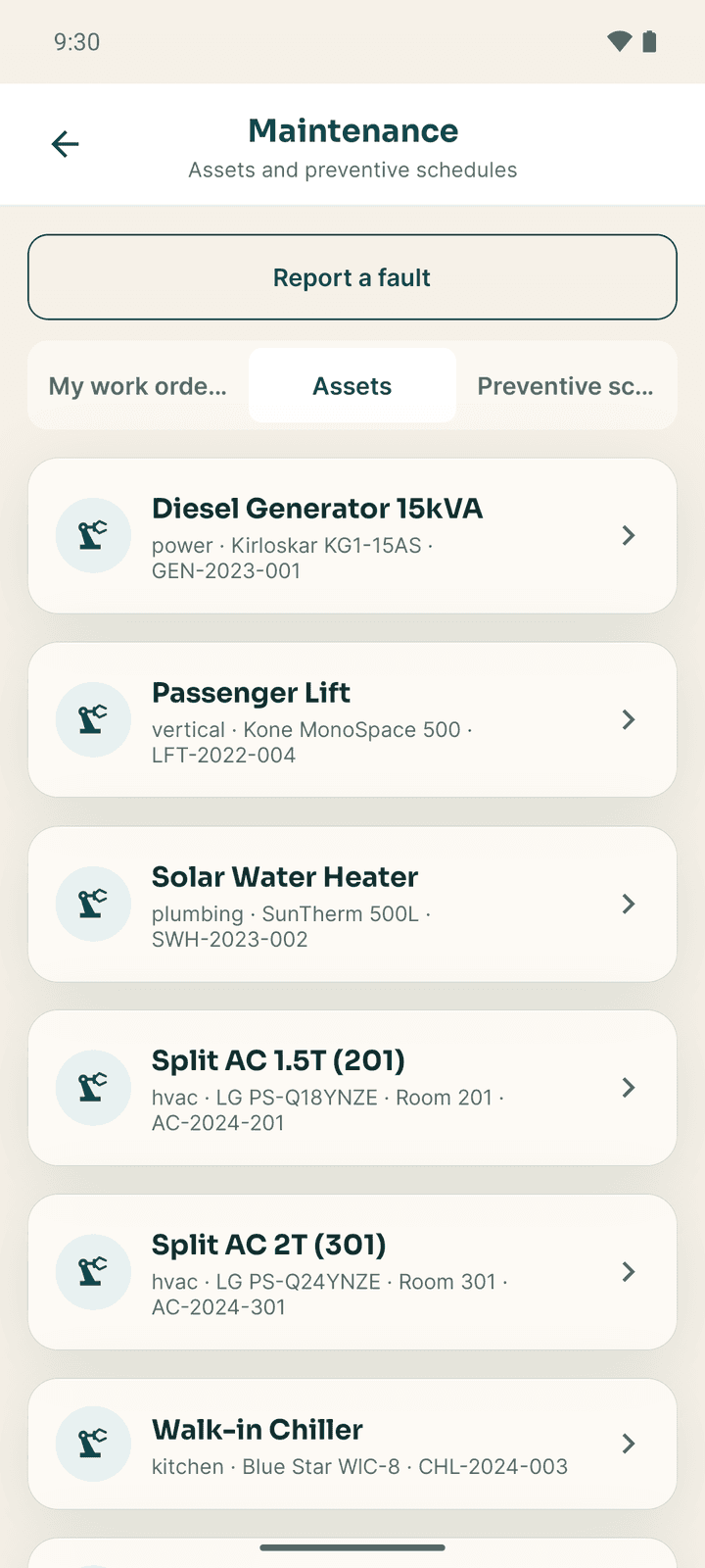 The Assets tab listing the hotel's equipment