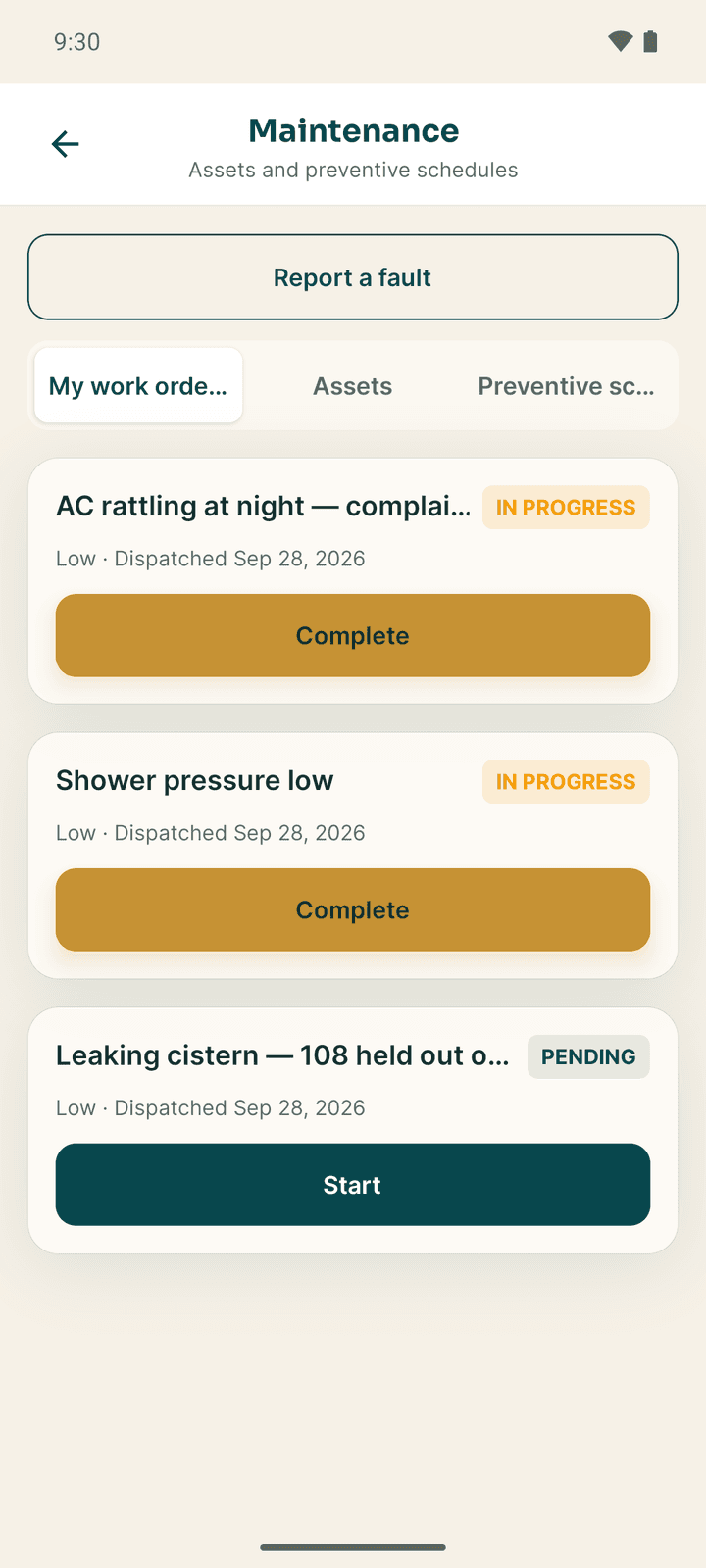 The Maintenance screen on My work orders, with each order's status, priority and Start button