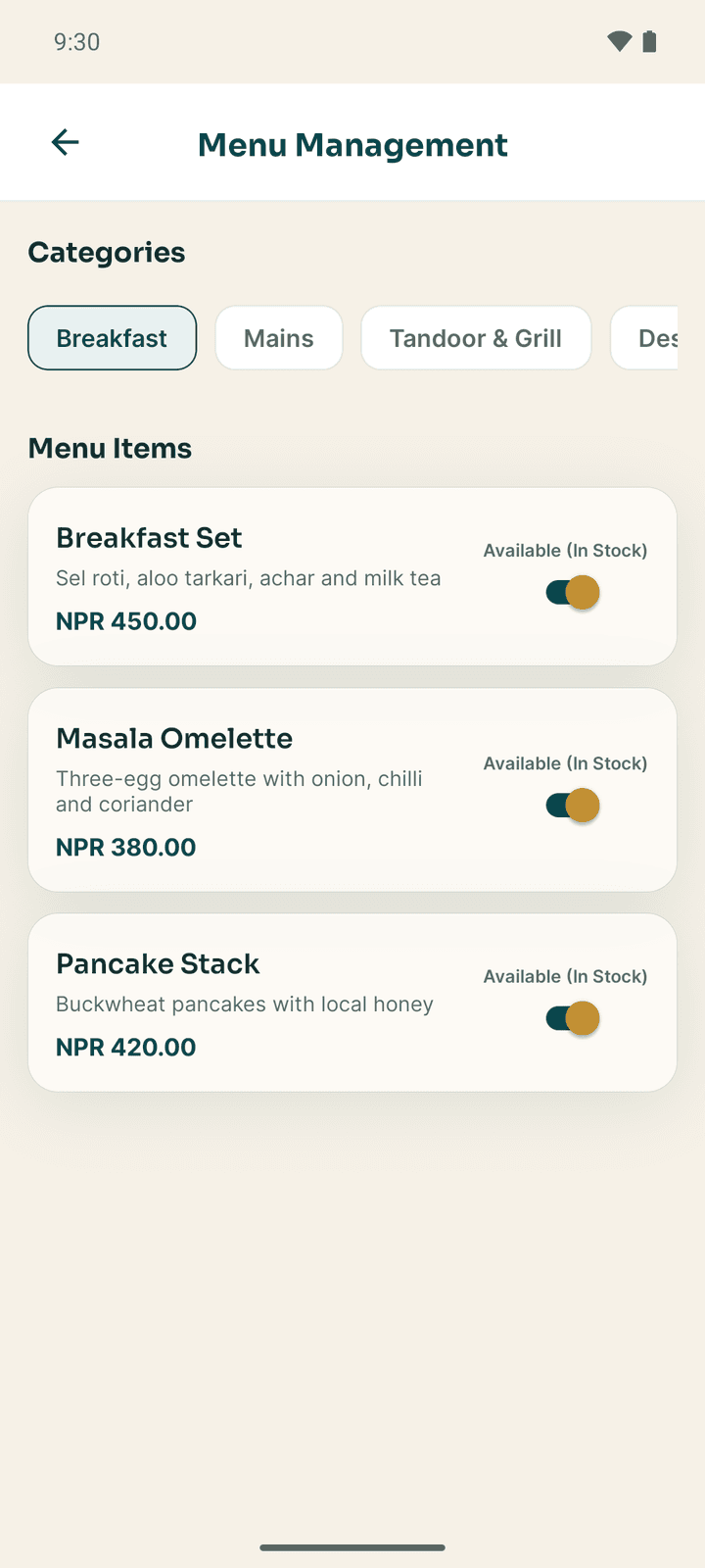 Menu Management with categories and menu items