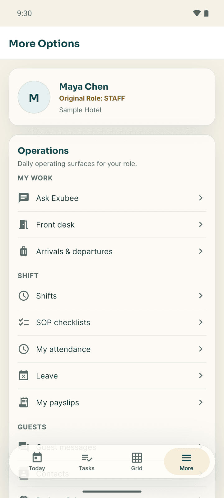 The More tab for a front-desk staff member: name and role, then the Operations list with Ask Exubee, Front desk, Arrivals & departures, Shifts, SOP checklists, My attendance, Leave and My payslips