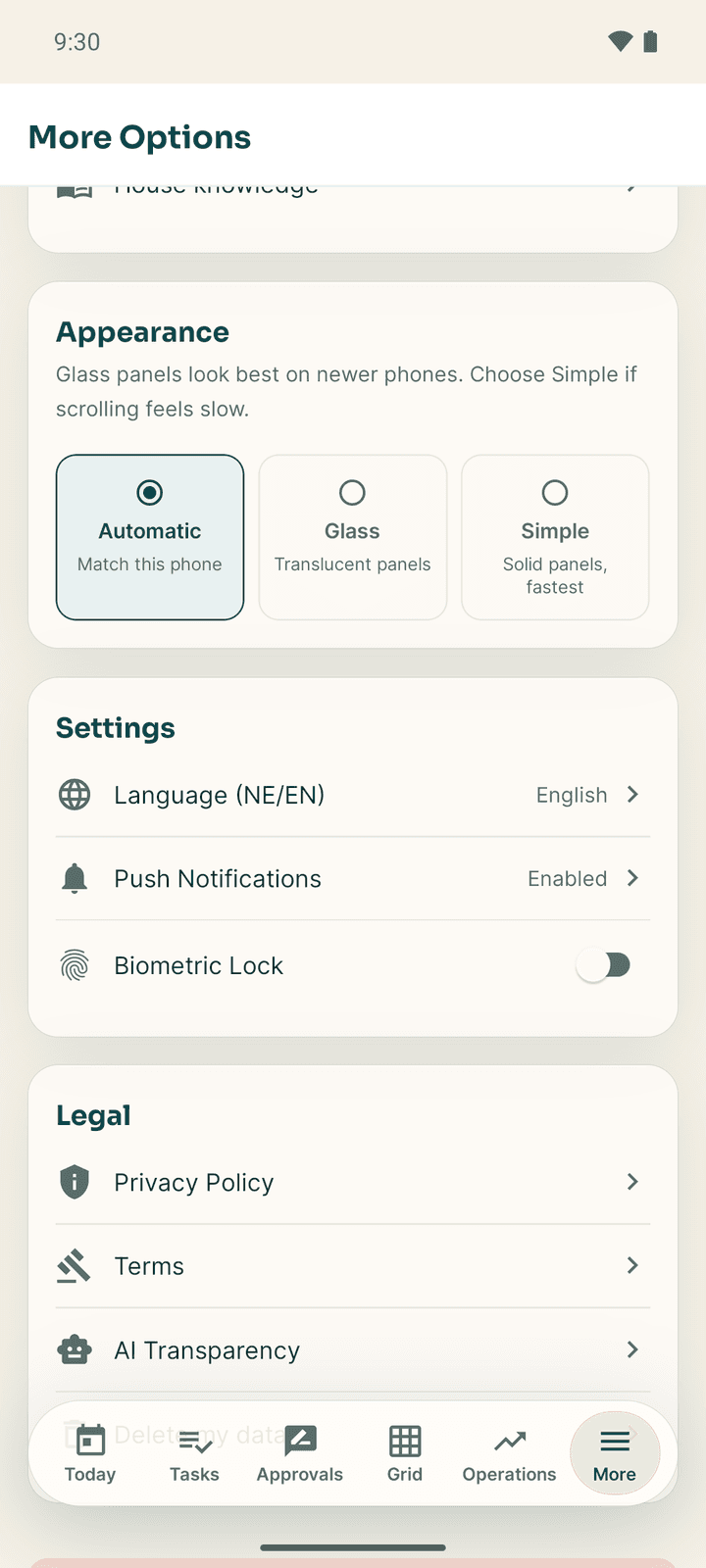 More: Appearance, and Settings with Language, Push Notifications and Biometric Lock
