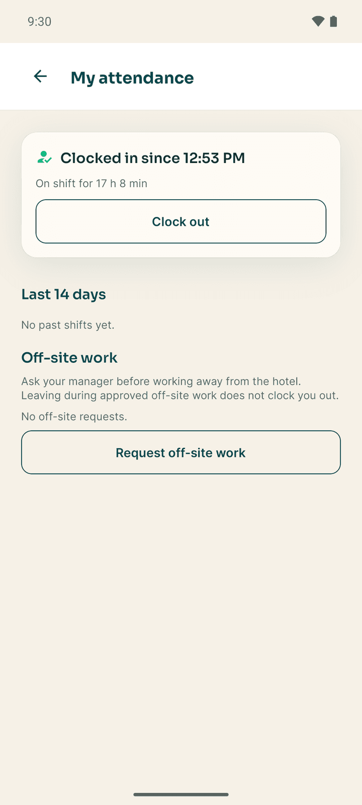 My attendance: the clock card and the last 14 days of shifts