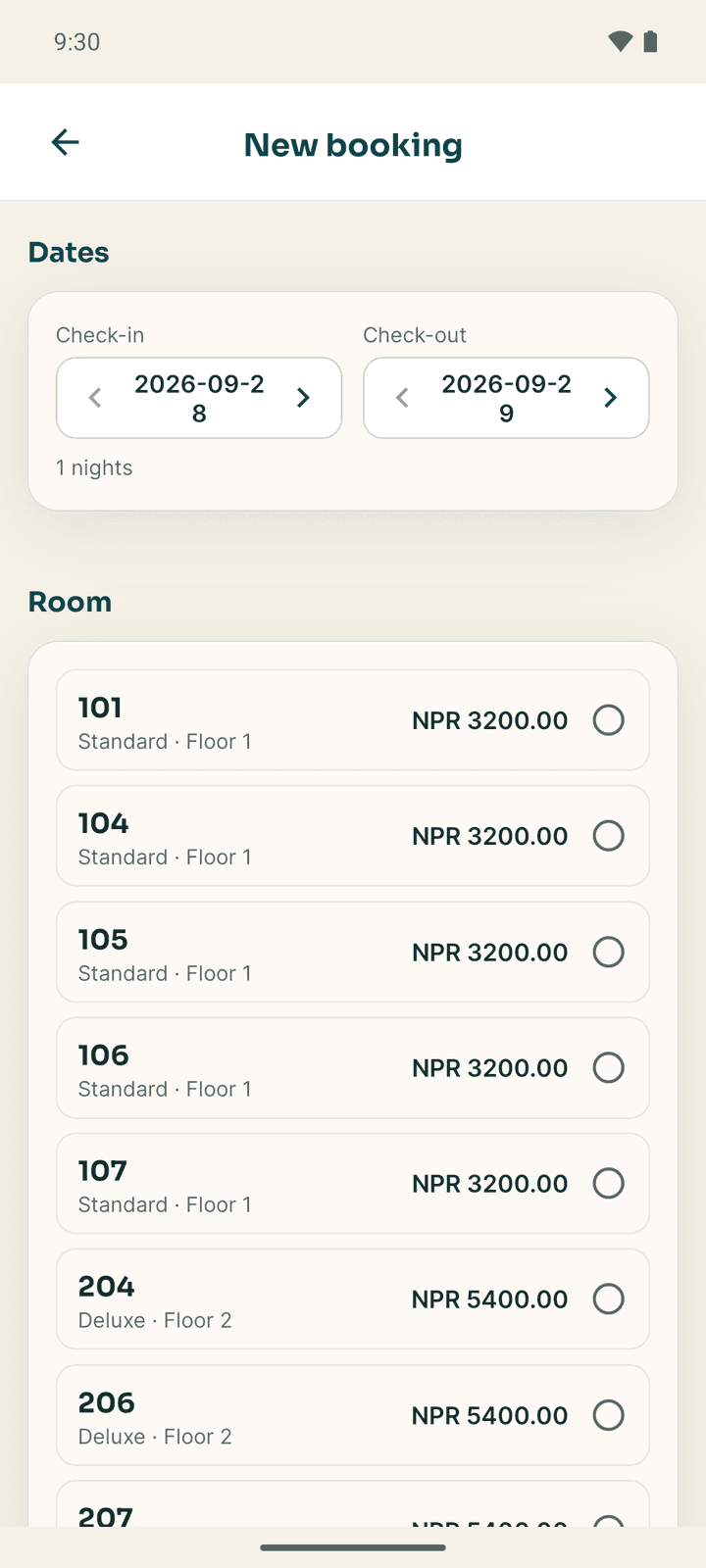 The New booking screen: check-in and check-out dates, then the list of free rooms with their prices