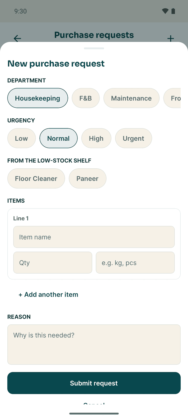 The New purchase request form with department, urgency, items and reason