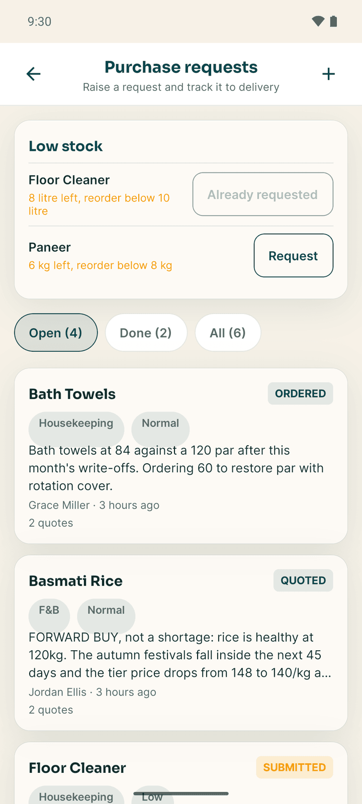 Purchase requests: the low stock shelf, the Open, Done and All filters, and the list of requests