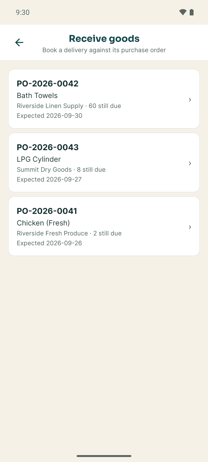 Receive goods: purchase orders with goods still due